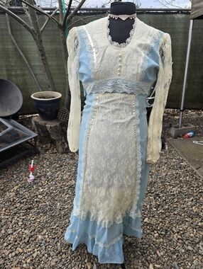Vtg 70's Baby Blue Gunne Prairie Style Long Sleeve Lace Maxi Dress Victorian